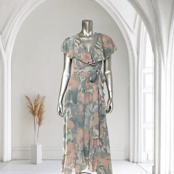 Show Me Your Mumu Jess Green Floral Ruffle Wrap Midi Dress XS - Picture 2 of 13